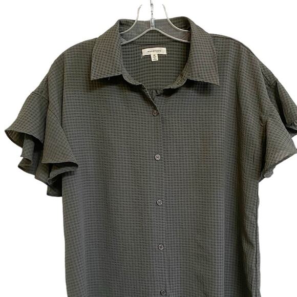 Max Studio Green Checkered Button‎ Up Shirt Flutter Sleeve - M - Picture 4 of 10